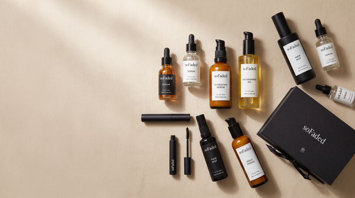 soFaded cosmetics product flat lay